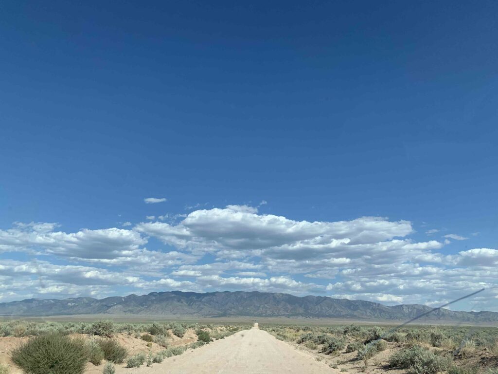 A dirt road leading towards a far off mountain range. The ground is shrubby and the clouds are low.